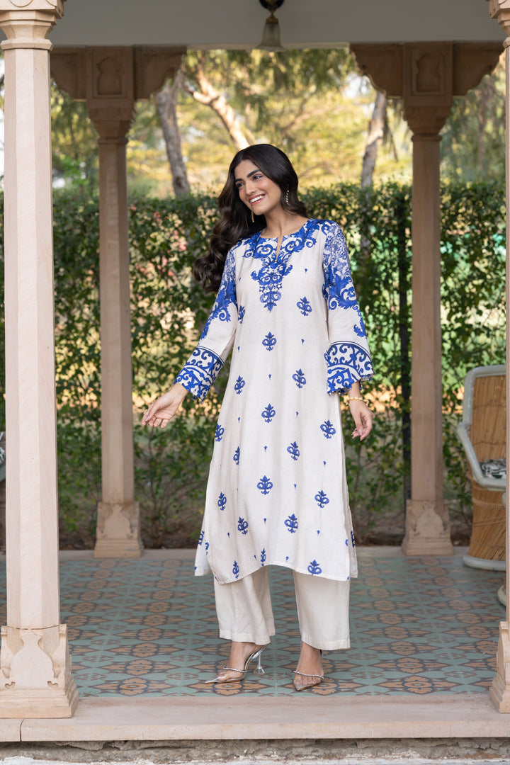 Off White with Blue Buti Print Muslin Kurta Set- SET OF-2 | SHOBITAM