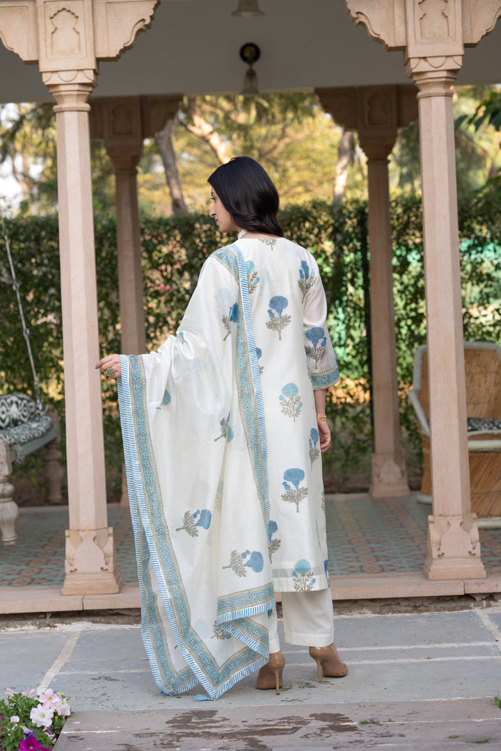 Off White with Blue Mughal Block Print Chanderi Suit- SET OF-3 | SHOBITAM