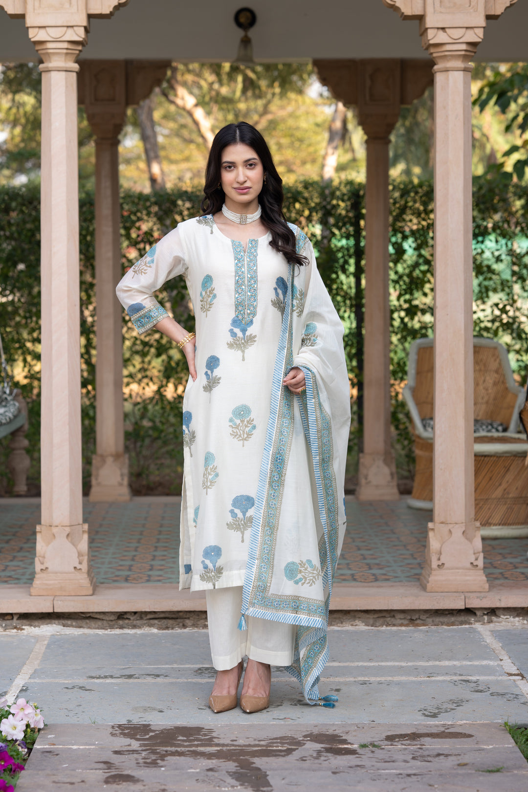 Off White with Blue Mughal Block Print Chanderi Suit- SET OF-3 | SHOBITAM