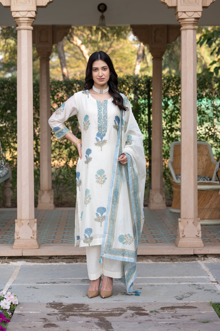 Off White with Blue Mughal Block Print Chanderi Suit- SET OF-3 | SHOBITAM