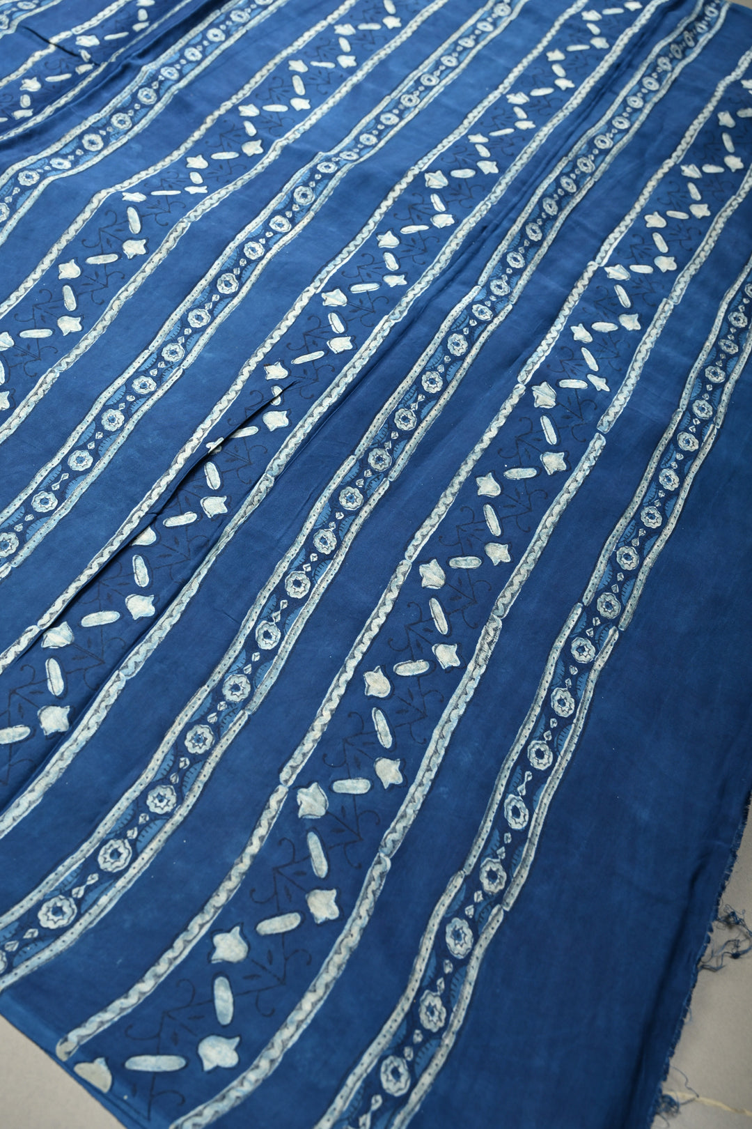 Indigo Modal Silk Saree with Bagru Hand Block Print and Border | SHOBITAM