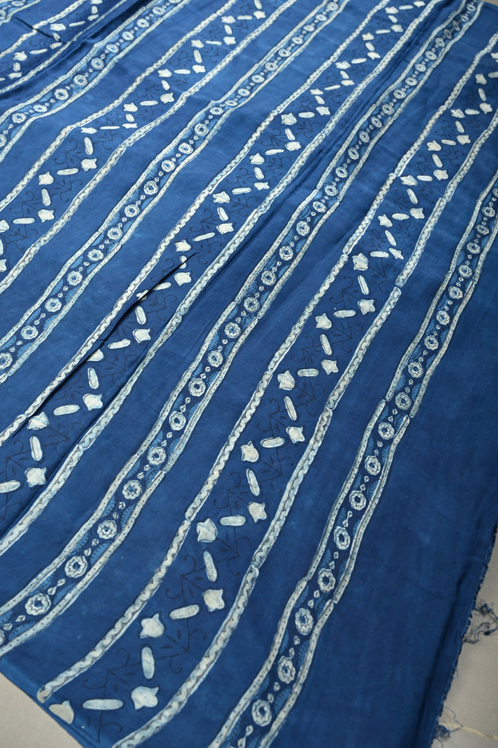 Indigo Modal Silk Saree with Bagru Hand Block Print and Border | SHOBITAM