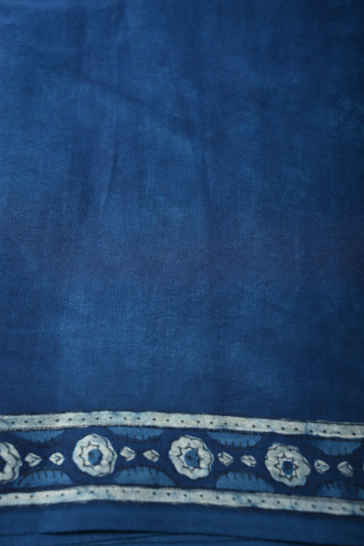 Indigo Modal Silk Saree with Bagru Hand Block Print and Border | SHOBITAM