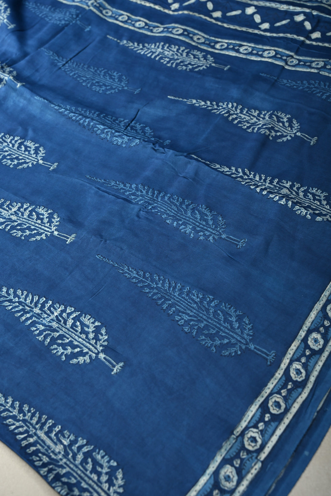 Indigo Modal Silk Saree with Bagru Hand Block Print and Border | SHOBITAM