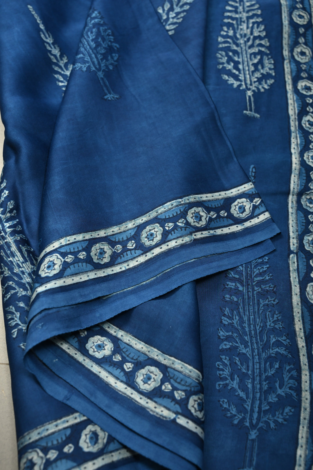 Indigo Modal Silk Saree with Bagru Hand Block Print and Border | SHOBITAM