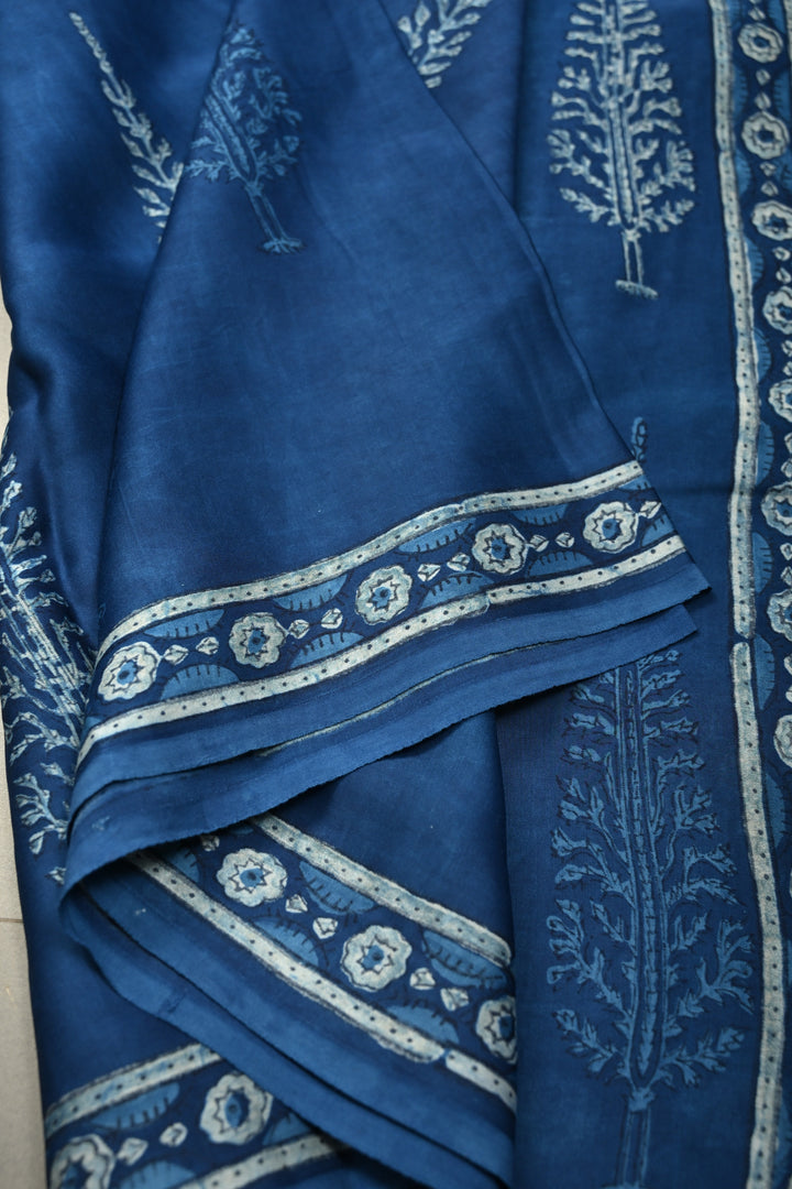 Indigo Modal Silk Saree with Bagru Hand Block Print and Border | SHOBITAM