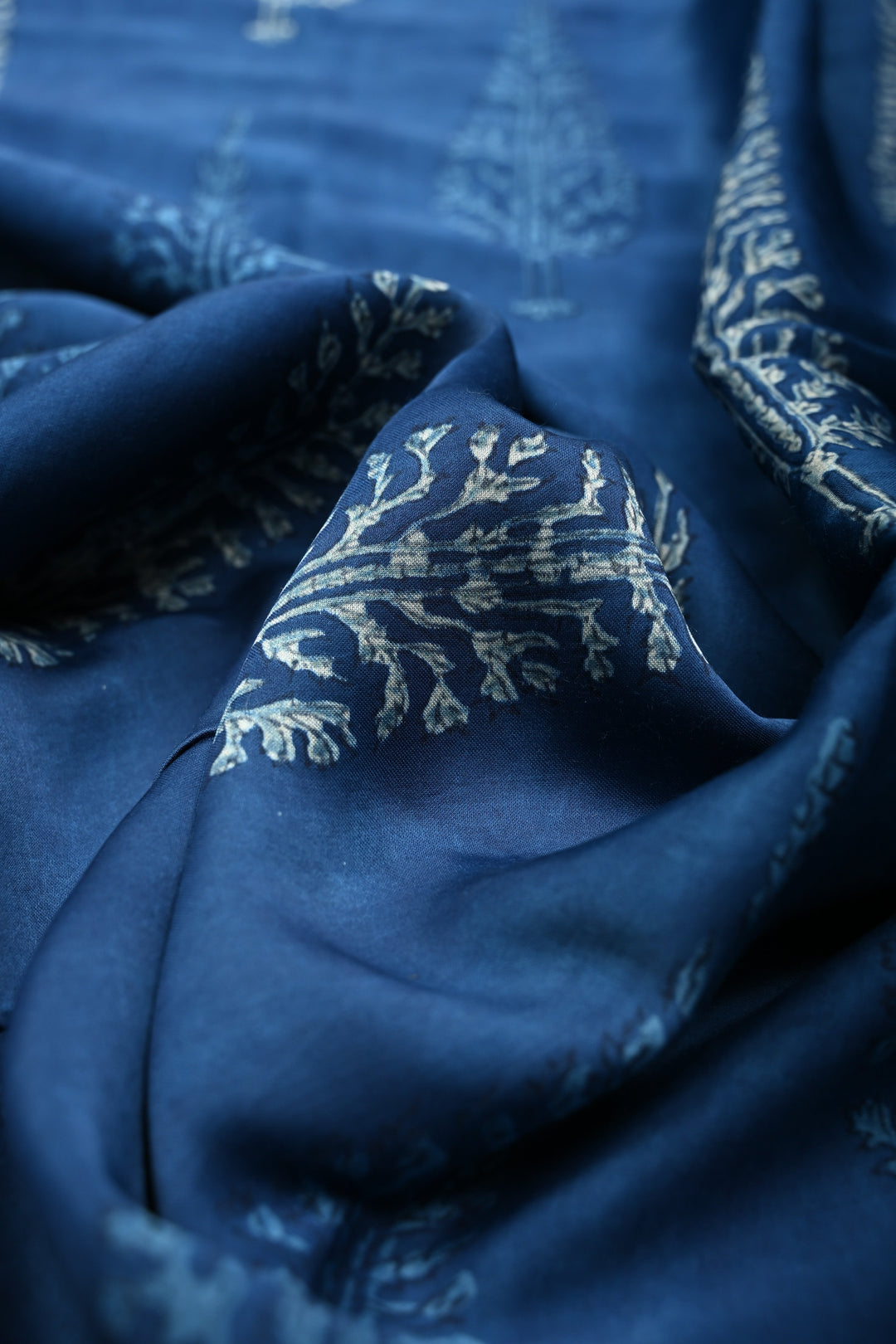 Indigo Modal Silk Saree with Bagru Hand Block Print and Border | SHOBITAM
