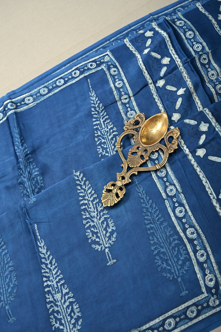 Indigo Modal Silk Saree with Bagru Hand Block Print and Border | SHOBITAM