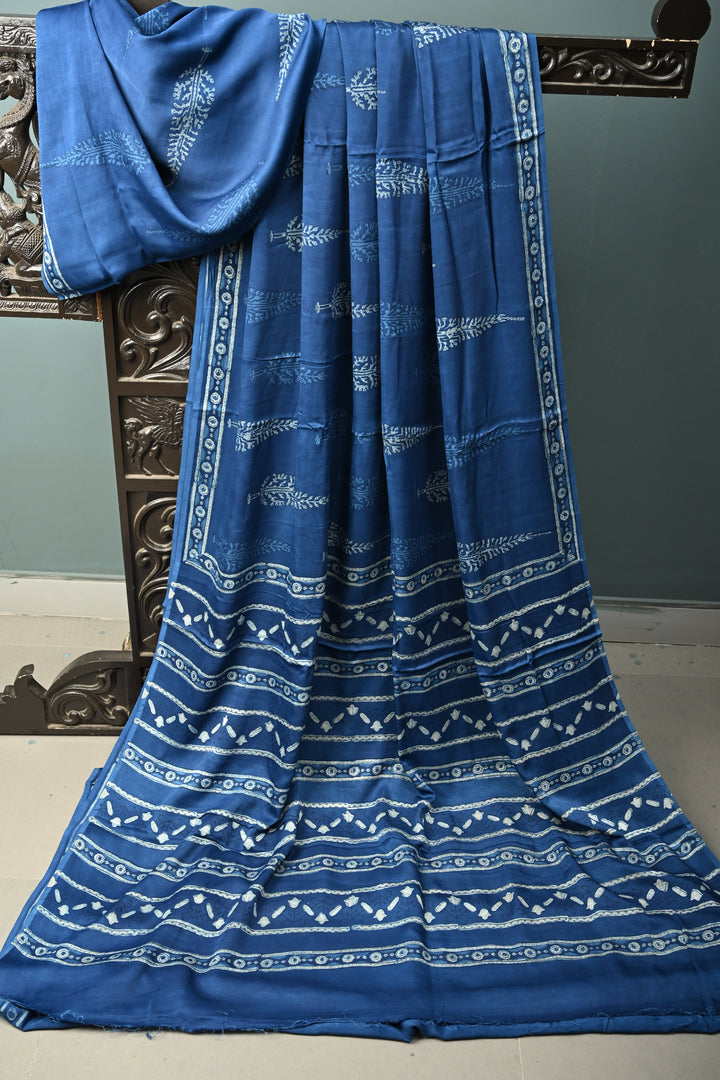 Indigo Modal Silk Saree with Bagru Hand Block Print and Border | SHOBITAM