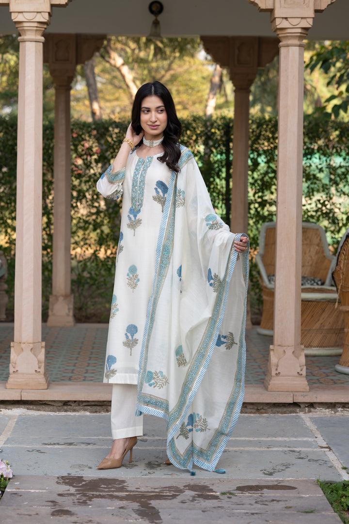 Off White with Blue Mughal Block Print Chanderi Suit- SET OF-3 | SHOBITAM