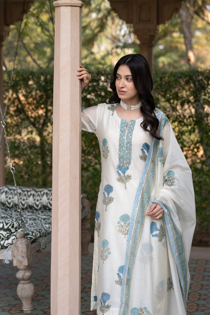 Off White with Blue Mughal Block Print Chanderi Suit- SET OF-3 | SHOBITAM