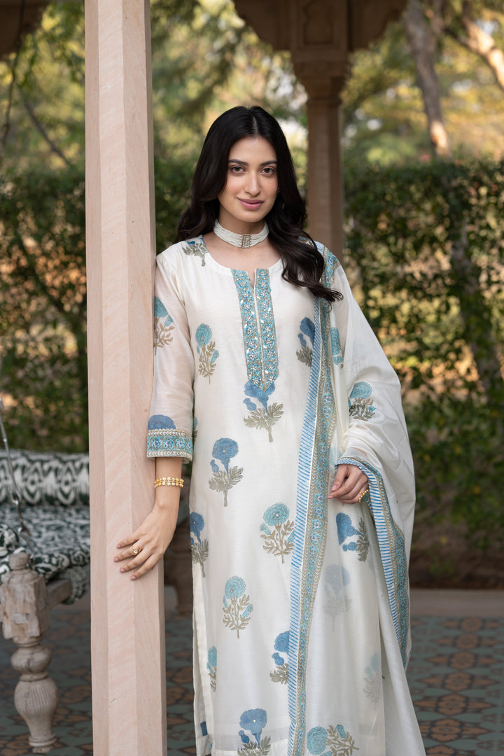 Off White with Blue Mughal Block Print Chanderi Suit- SET OF-3 | SHOBITAM