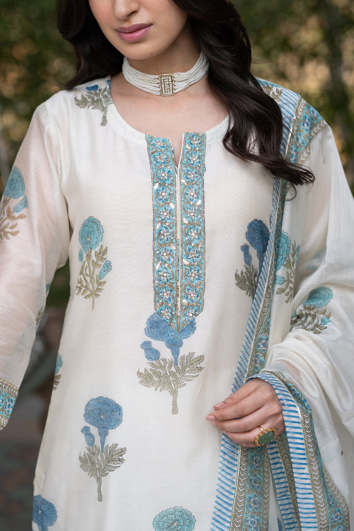 Off White with Blue Mughal Block Print Chanderi Suit- SET OF-3 | SHOBITAM