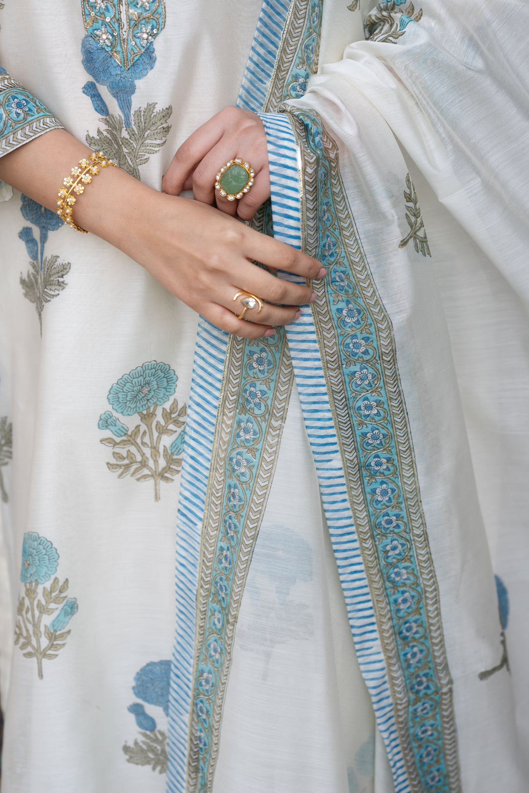 Off White with Blue Mughal Block Print Chanderi Suit- SET OF-3 | SHOBITAM