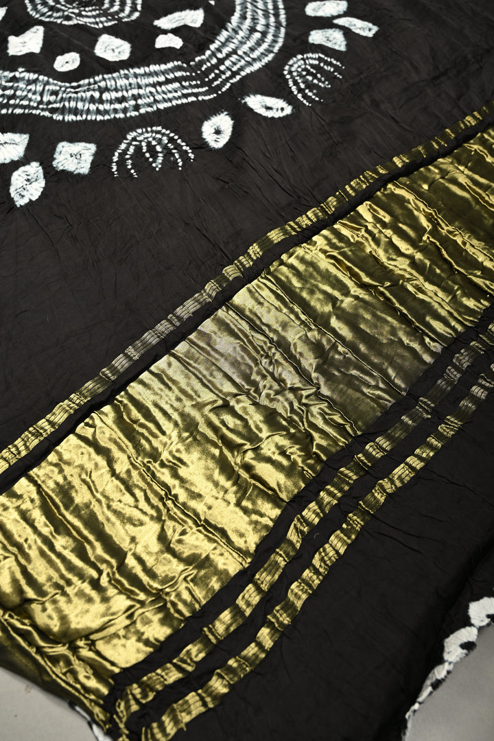 Black Modal Silk Saree with Lagda Patta and Hand Shibori Mandala Pallu | SHOBITAM