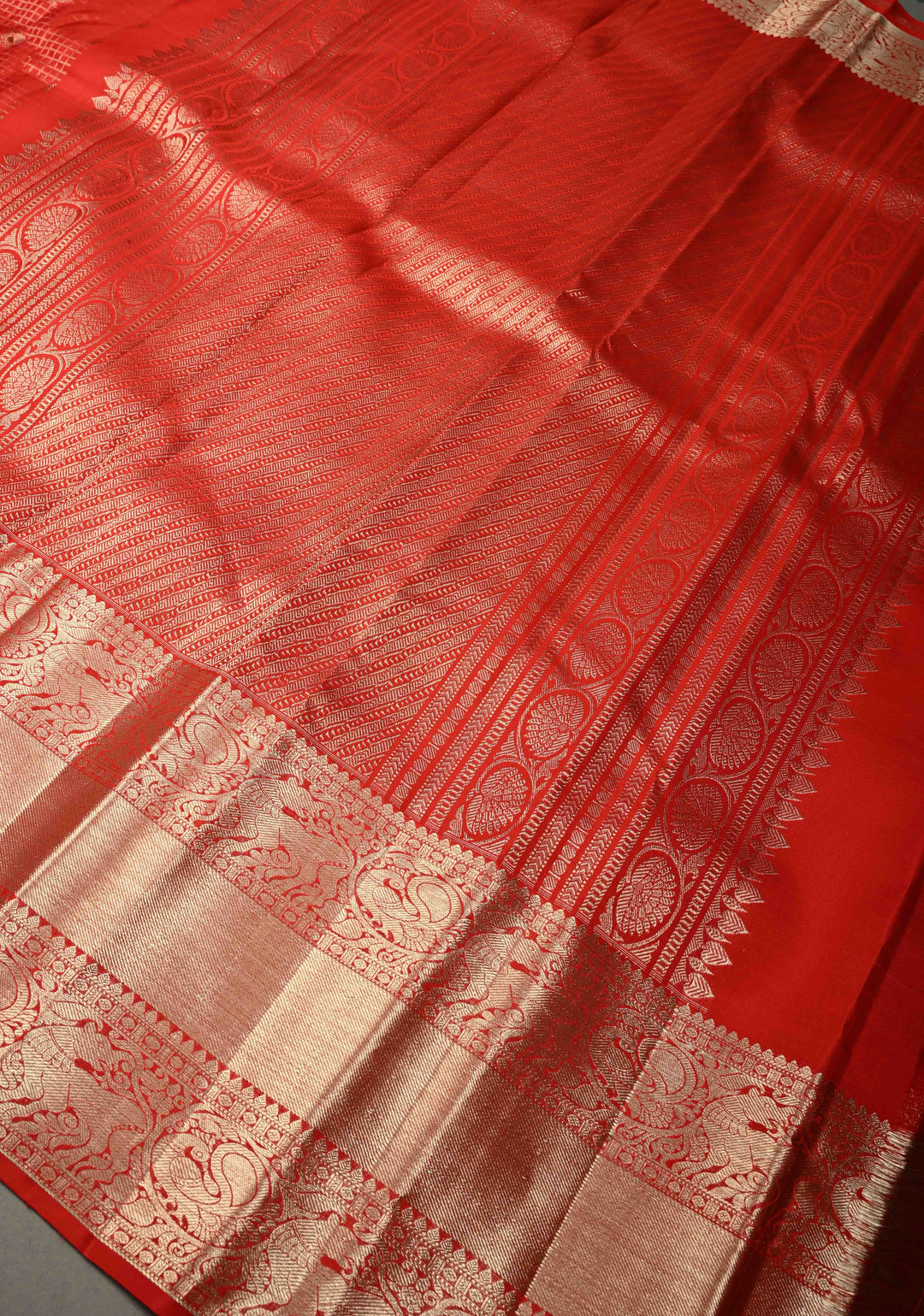 Vermilion Red Zari Checks on Kanjivaram Silk Saree with Meenakari Buttas and Zari Border | SILK MARK CERTIFIED