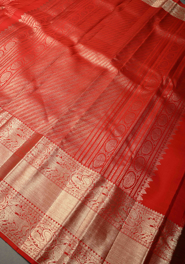 Vermilion Red Zari Checks on Kanjivaram Silk Saree with Meenakari Buttas and Zari Border | SILK MARK CERTIFIED