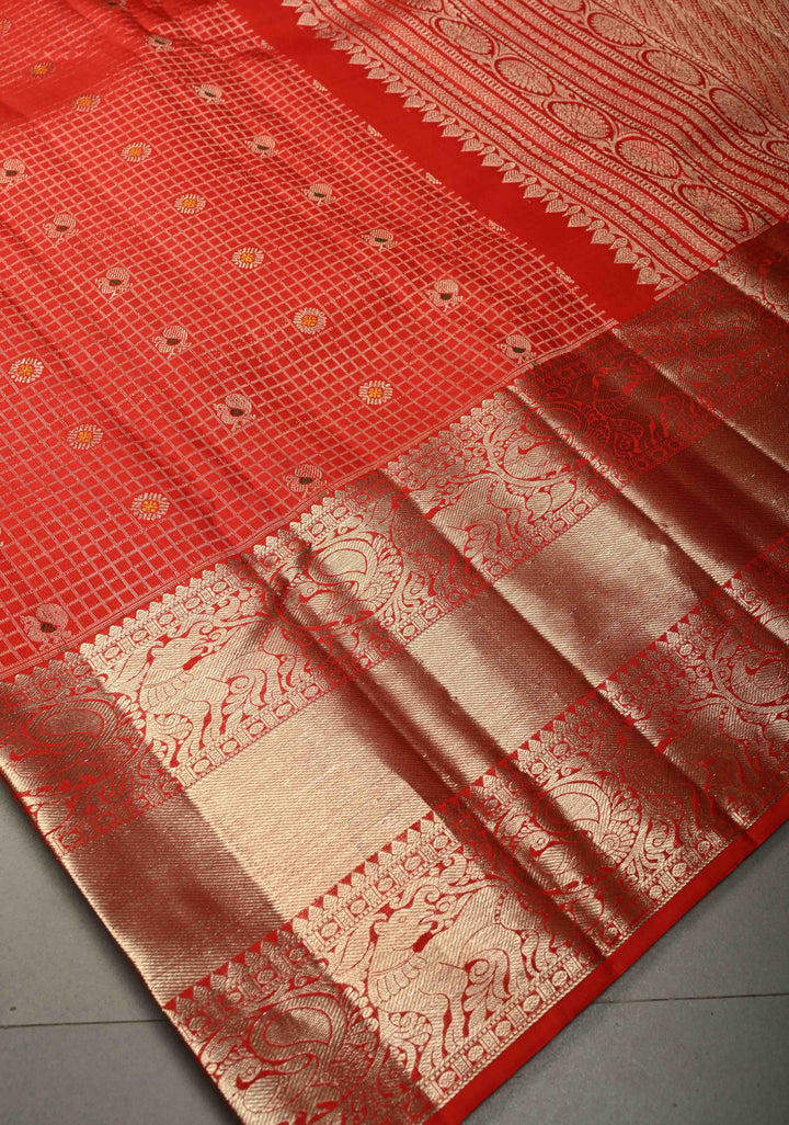 Vermilion Red Zari Checks on Kanjivaram Silk Saree with Meenakari Buttas and Zari Border | SILK MARK CERTIFIED