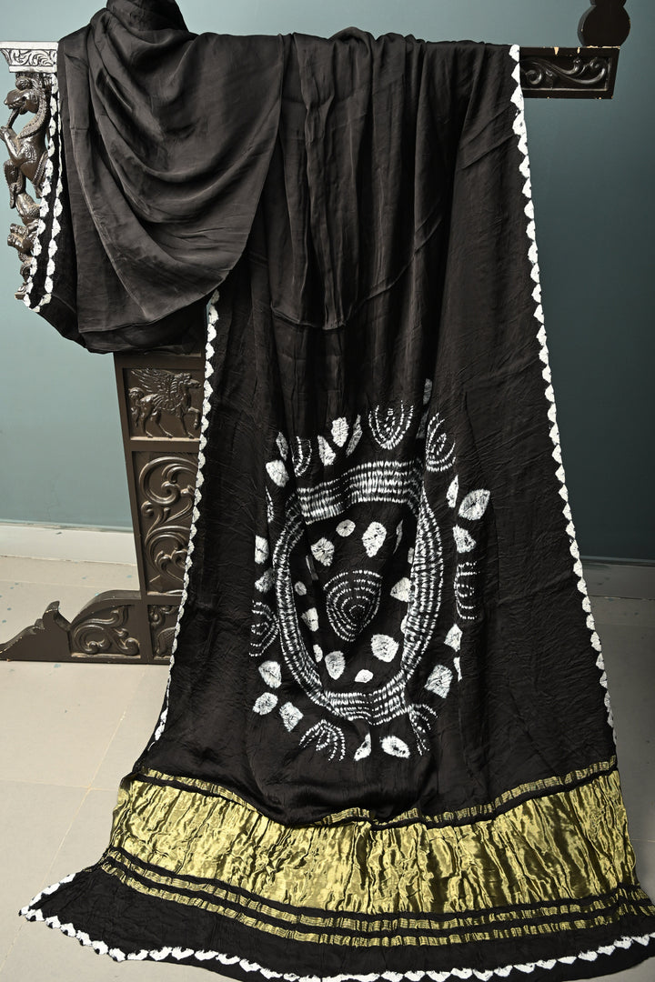 Black Modal Silk Saree with Lagda Patta and Hand Shibori Mandala Pallu | SHOBITAM