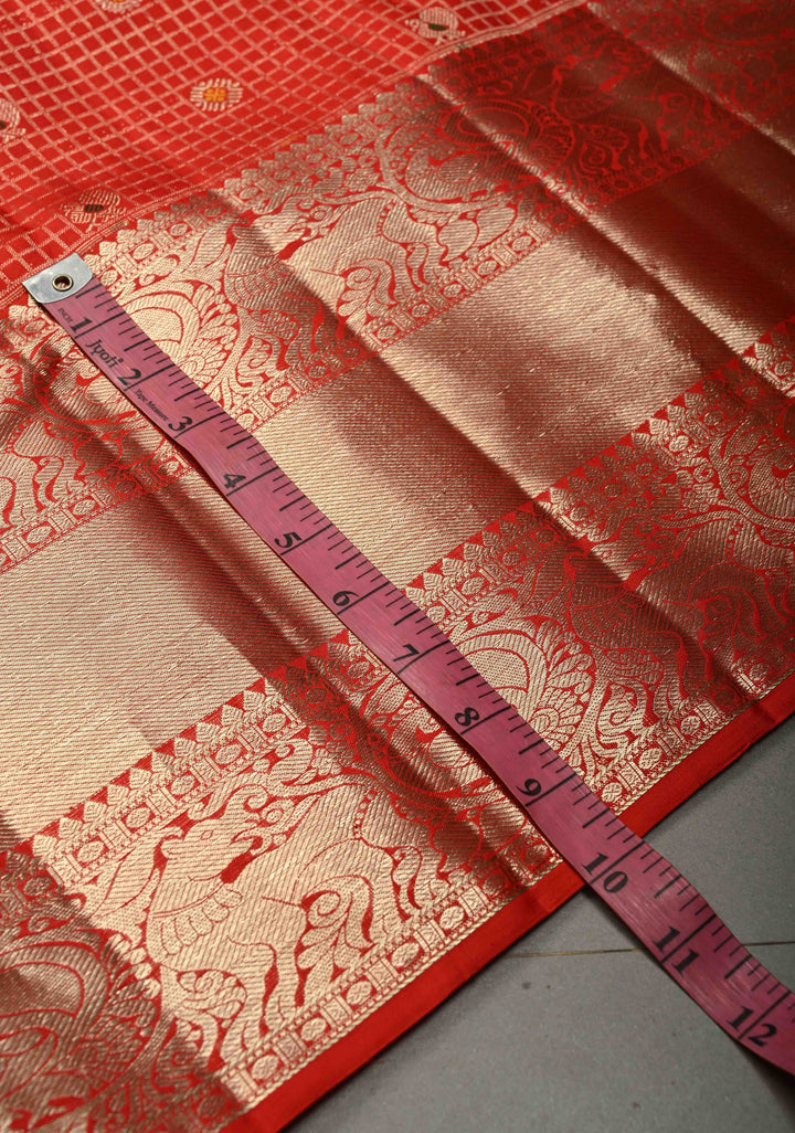 Vermilion Red Zari Checks on Kanjivaram Silk Saree with Meenakari Buttas and Zari Border | SILK MARK CERTIFIED