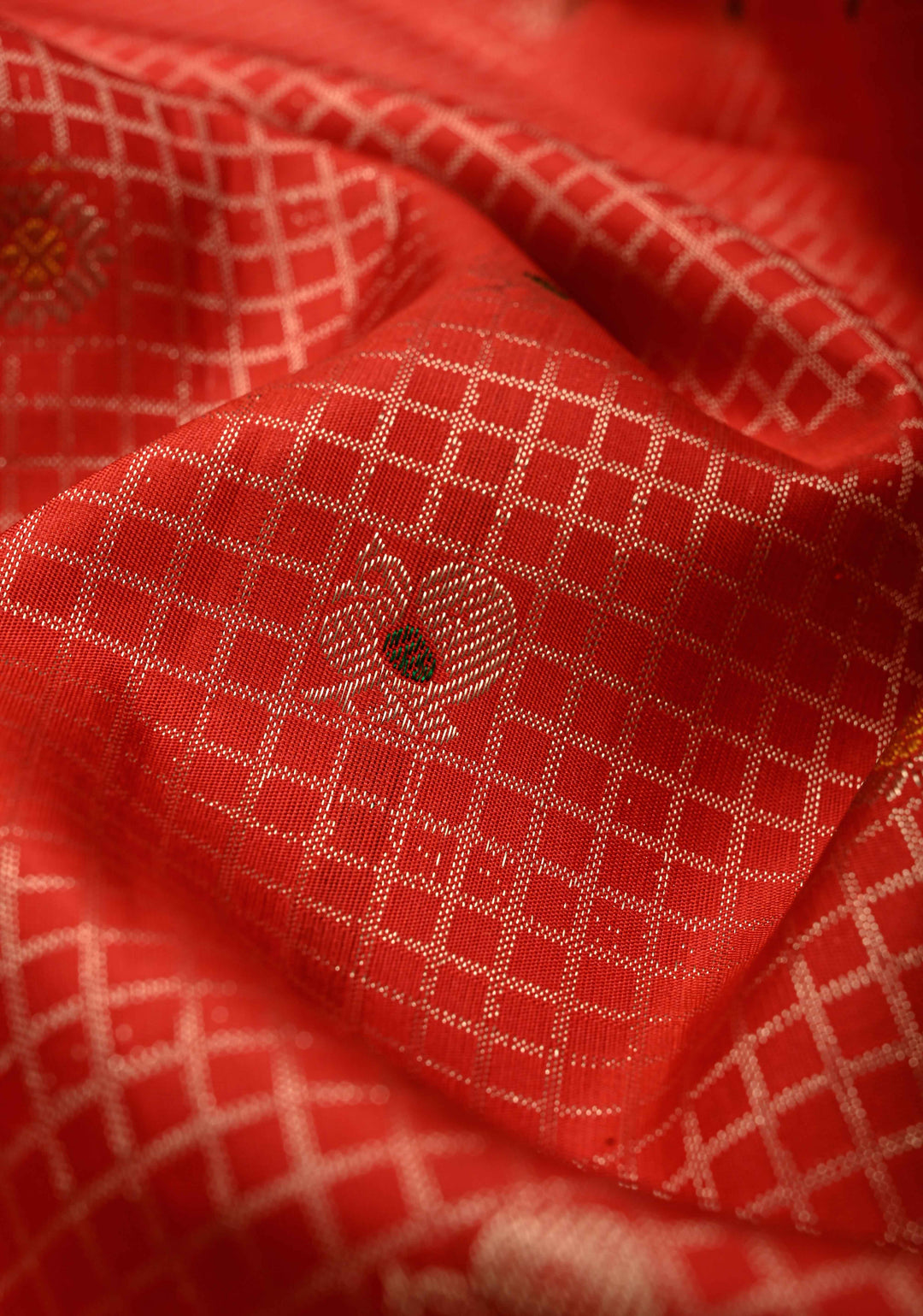 Vermilion Red Zari Checks on Kanjivaram Silk Saree with Meenakari Buttas and Zari Border | SILK MARK CERTIFIED