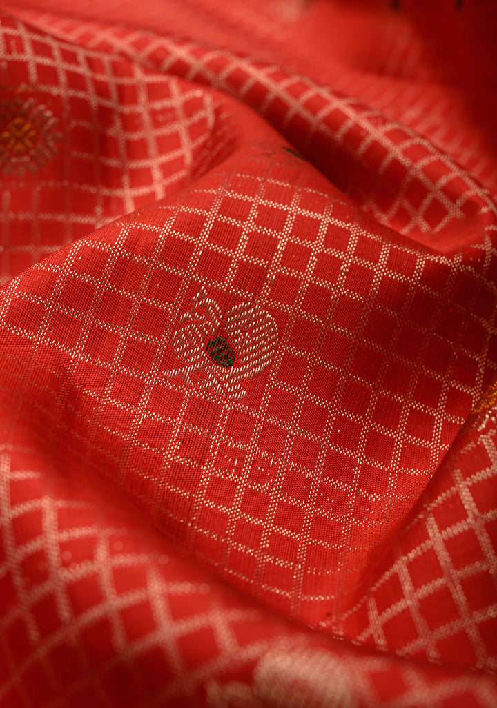 Vermilion Red Zari Checks on Kanjivaram Silk Saree with Meenakari Buttas and Zari Border | SILK MARK CERTIFIED