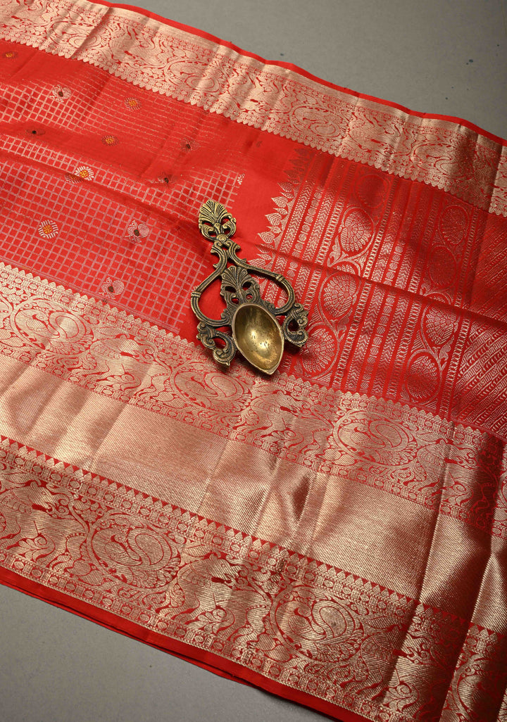 Vermilion Red Zari Checks on Kanjivaram Silk Saree with Meenakari Buttas and Zari Border | SILK MARK CERTIFIED