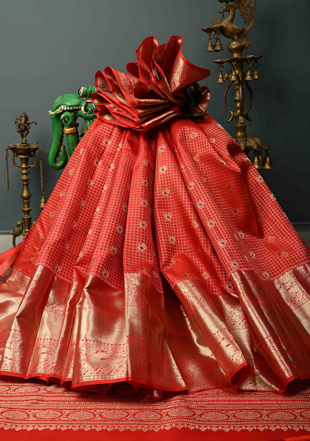 Coral Red Kanjivaram Silk Saree with Zari Checks with Meenakari Motifs  | SILK MARK CERTIFIED