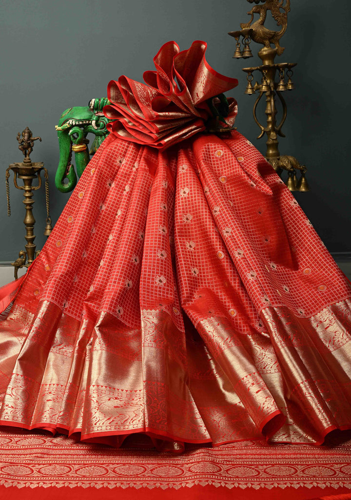 Coral Red Kanjivaram Silk Saree with Zari Checks with Meenakari Motifs  | SILK MARK CERTIFIED