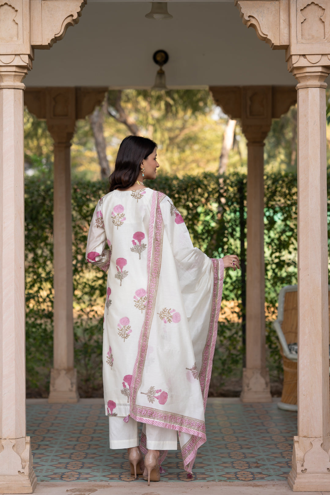 Off white with pink Mughal block print chanderi suit- SET OF-3 | SHOBITAM