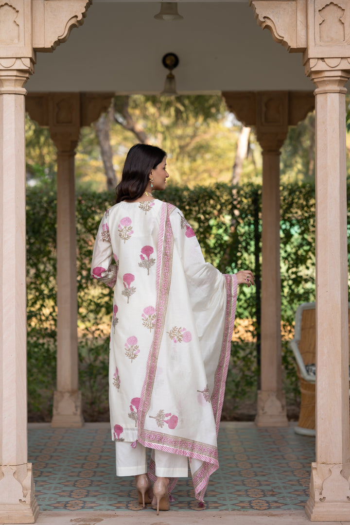 Off white with pink Mughal block print chanderi suit- SET OF-3 | SHOBITAM