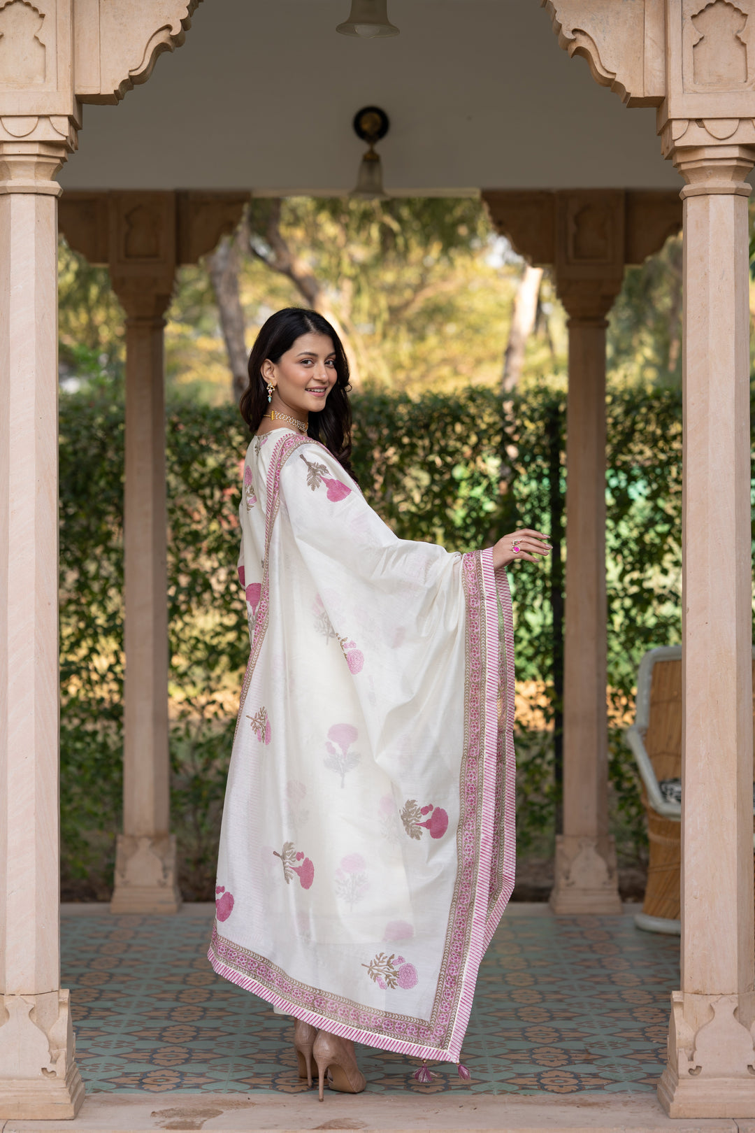 Off white with pink Mughal block print chanderi suit- SET OF-3 | SHOBITAM