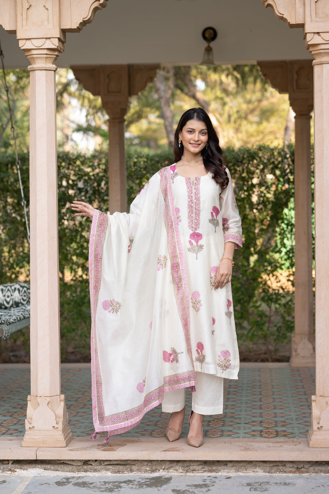 Off white with pink Mughal block print chanderi suit- SET OF-3 | SHOBITAM