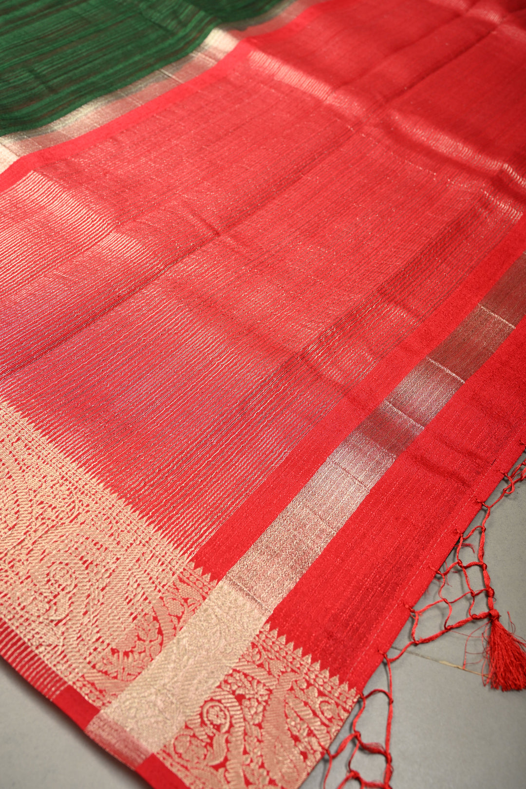 Bottle Green Semi Tussar Saree with Contrast Zari Border | SHOBITAM