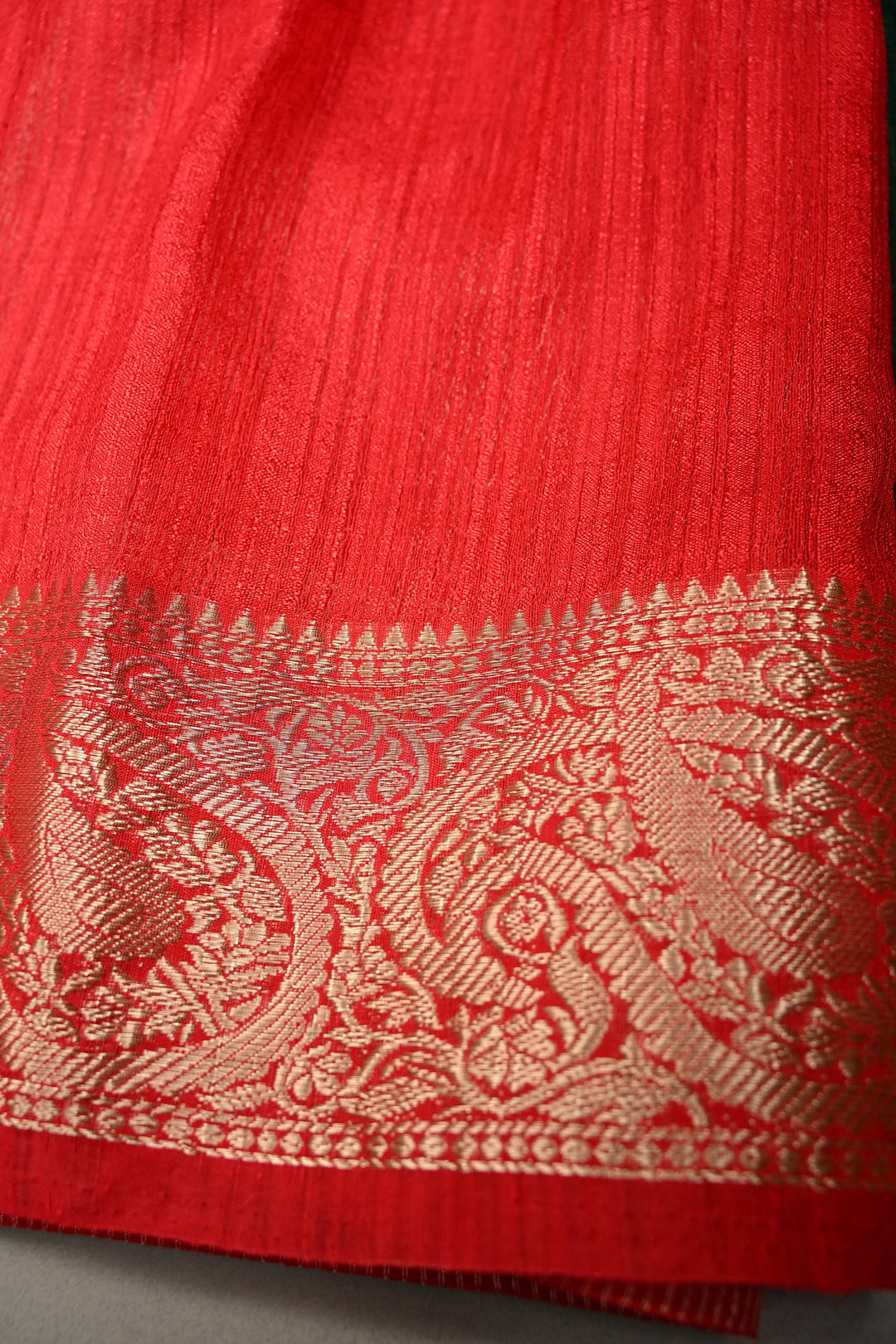 Bottle Green Semi Tussar Saree with Contrast Zari Border | SHOBITAM
