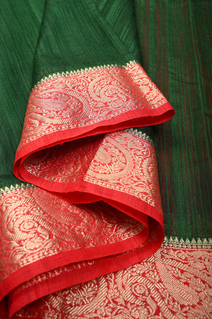 Bottle Green Semi Tussar Saree with Contrast Zari Border | SHOBITAM