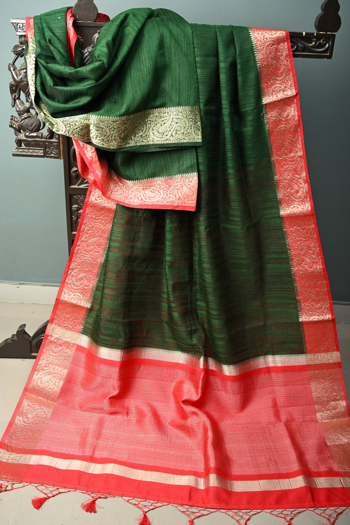 Bottle Green Semi Tussar Saree with Contrast Zari Border | SHOBITAM