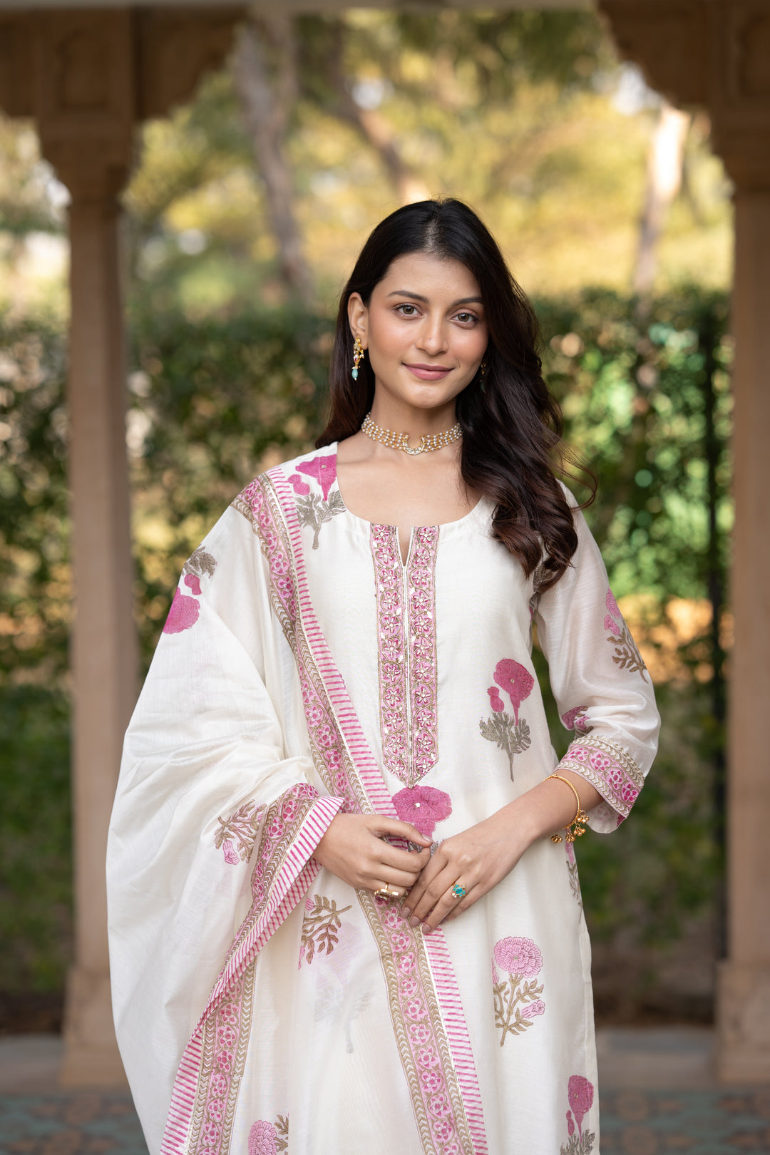 Off white with pink Mughal block print chanderi suit- SET OF-3 | SHOBITAM