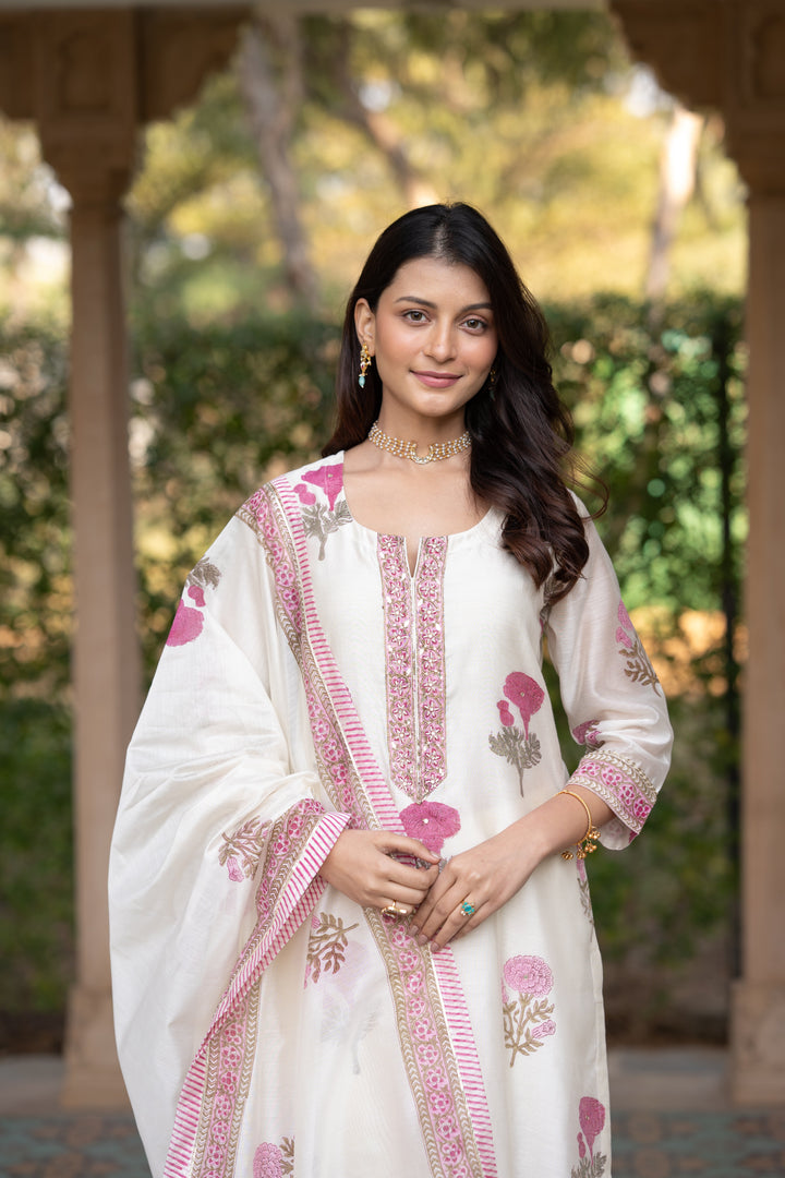 Off white with pink Mughal block print chanderi suit- SET OF-3 | SHOBITAM