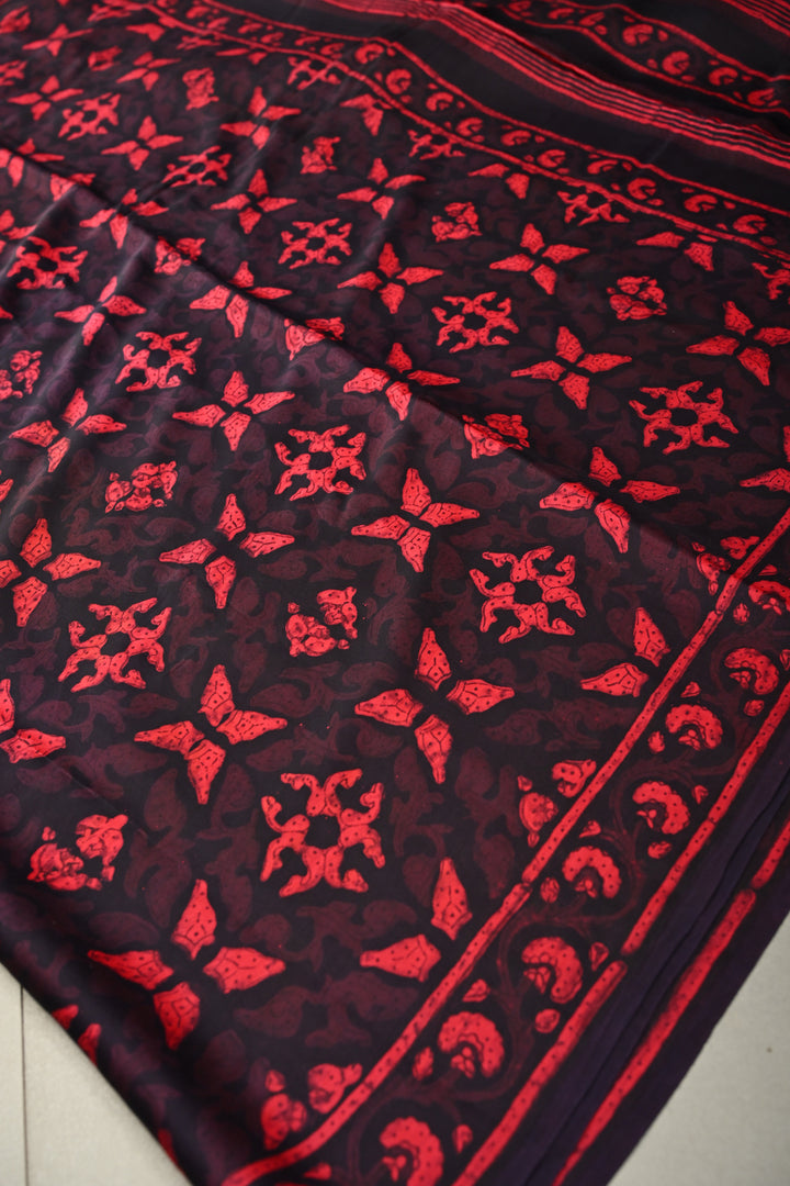 Black and Red Shaded Modal Silk Saree with Hand Block Print | SHOBITAM