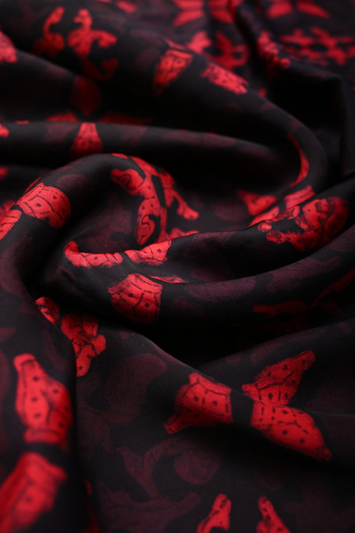 Black and Red Shaded Modal Silk Saree with Hand Block Print | SHOBITAM