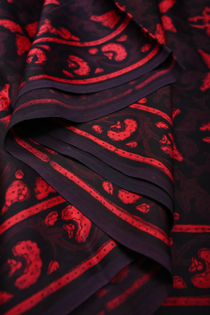 Black and Red Shaded Modal Silk Saree with Hand Block Print | SHOBITAM
