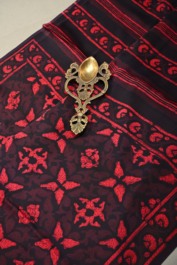 Black and Red Shaded Modal Silk Saree with Hand Block Print | SHOBITAM