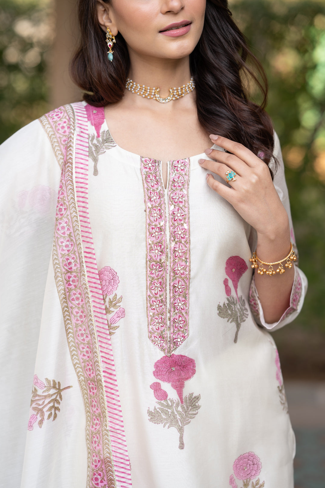 Off white with pink Mughal block print chanderi suit- SET OF-3 | SHOBITAM