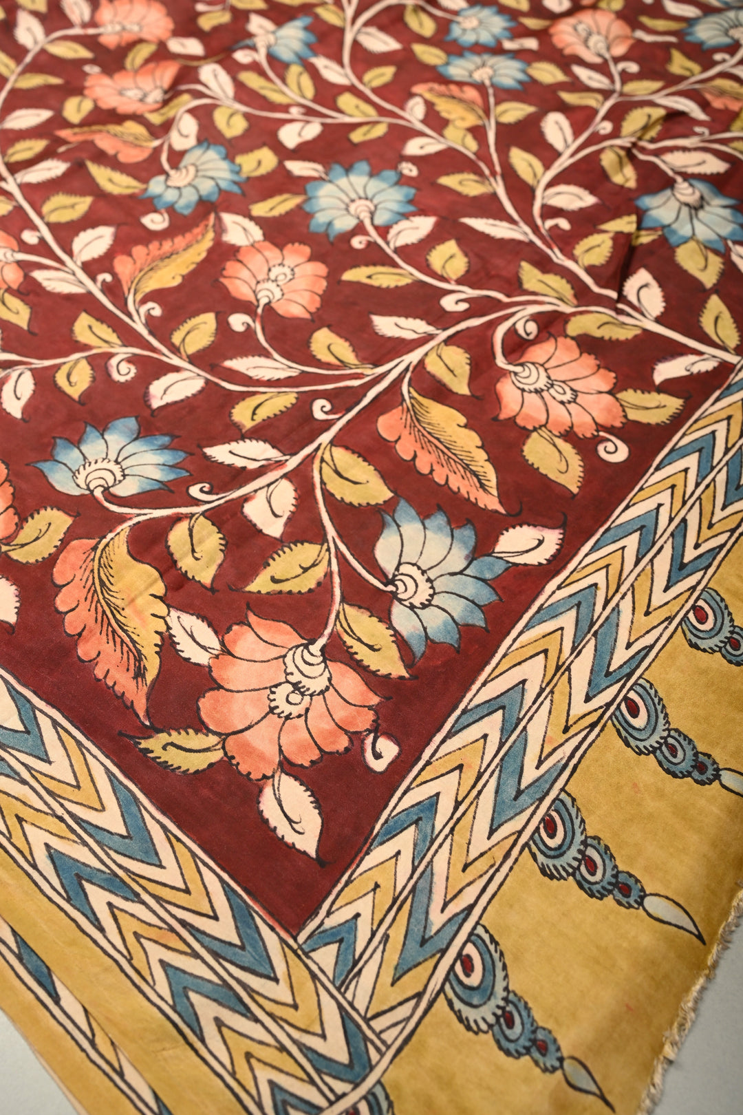 Maroon Modal Silk Saree with Authentic Pen Kalamkari Shaded Floral Design | SHOBITAM