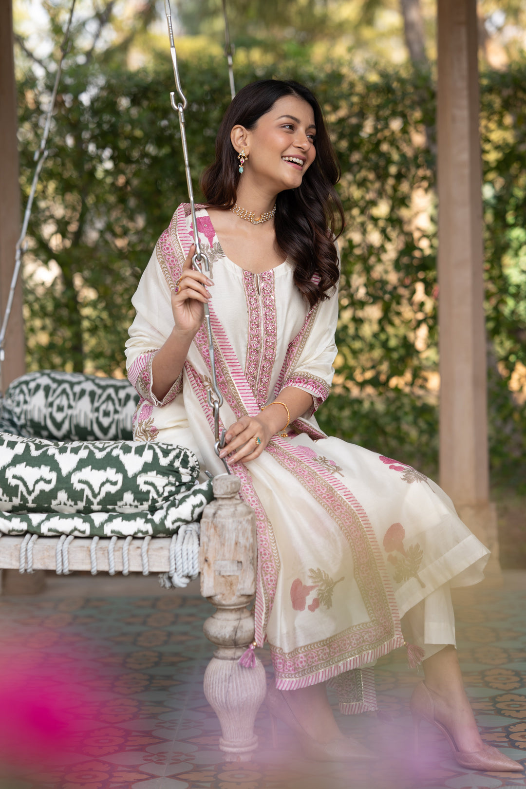 Off white with pink Mughal block print chanderi suit- SET OF-3 | SHOBITAM