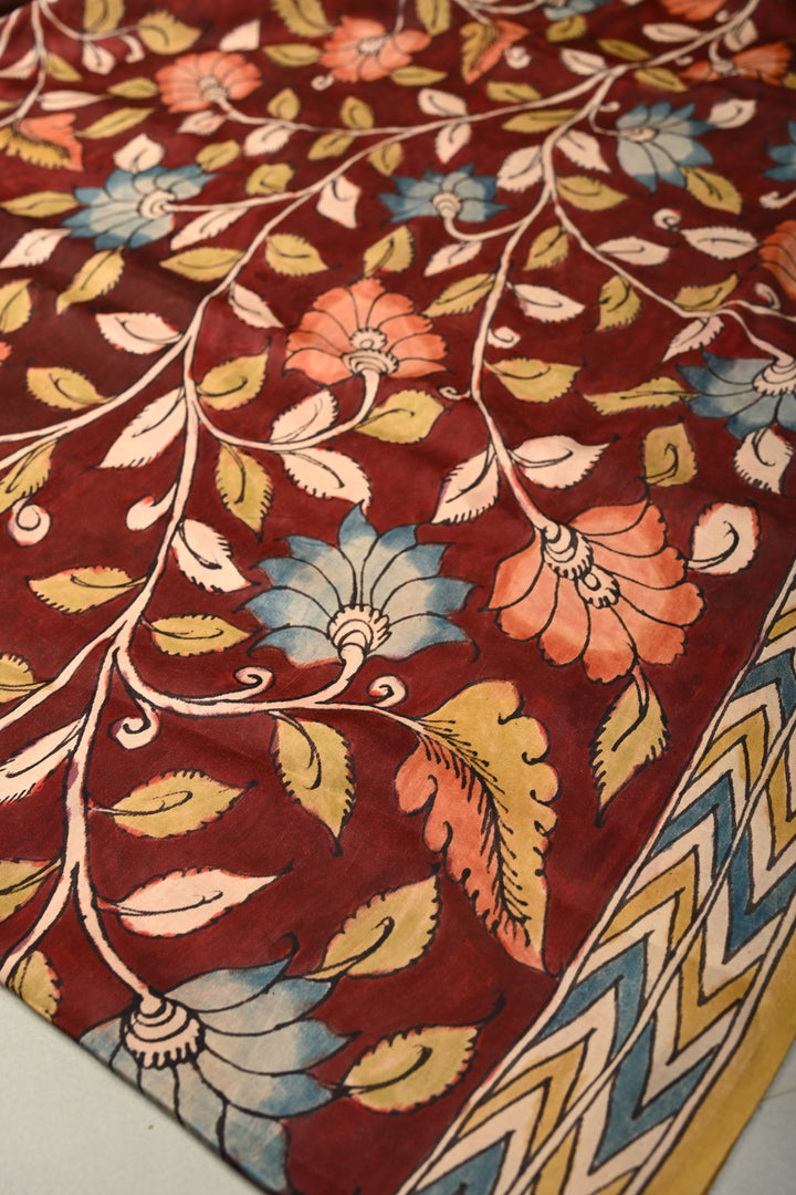Maroon Modal Silk Saree with Authentic Pen Kalamkari Shaded Floral Design | SHOBITAM
