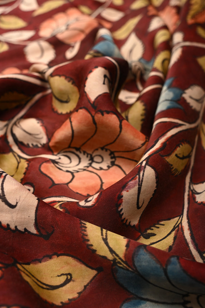 Maroon Modal Silk Saree with Authentic Pen Kalamkari Shaded Floral Design | SHOBITAM