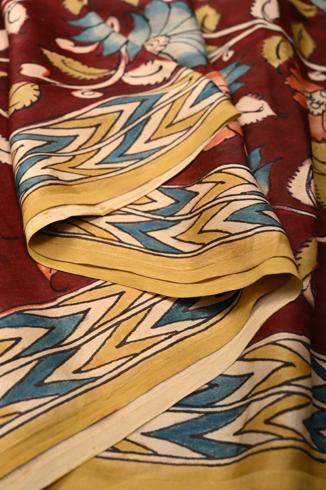 Maroon Modal Silk Saree with Authentic Pen Kalamkari Shaded Floral Design | SHOBITAM