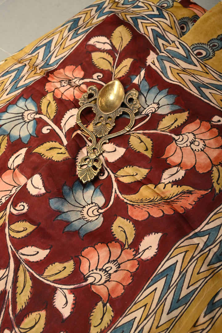 Maroon Modal Silk Saree with Authentic Pen Kalamkari Shaded Floral Design | SHOBITAM